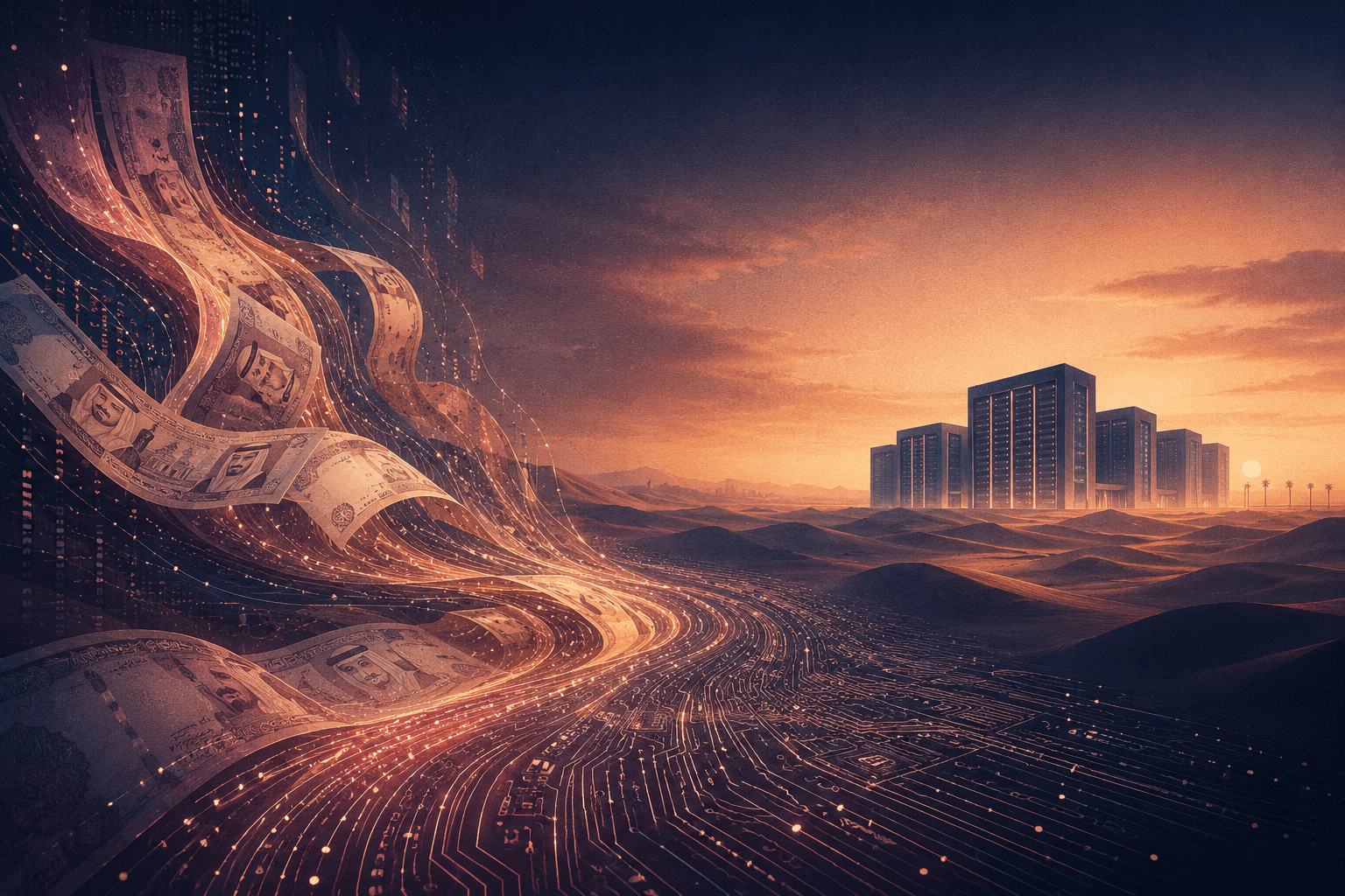 Abstract editorial cover representing Saudi Arabia's economic shift from foreign labor to AI and automation.