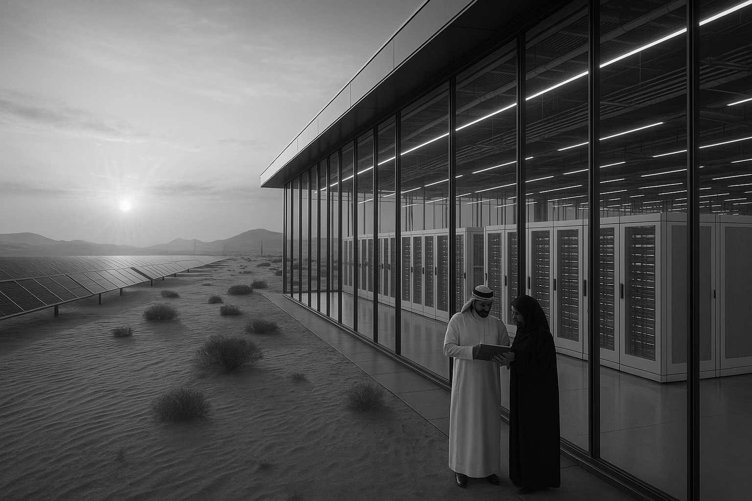A Gulf data center bathed in desert light, with solar panels stretching toward the horizon and two people reviewing plans outside the glass facade.