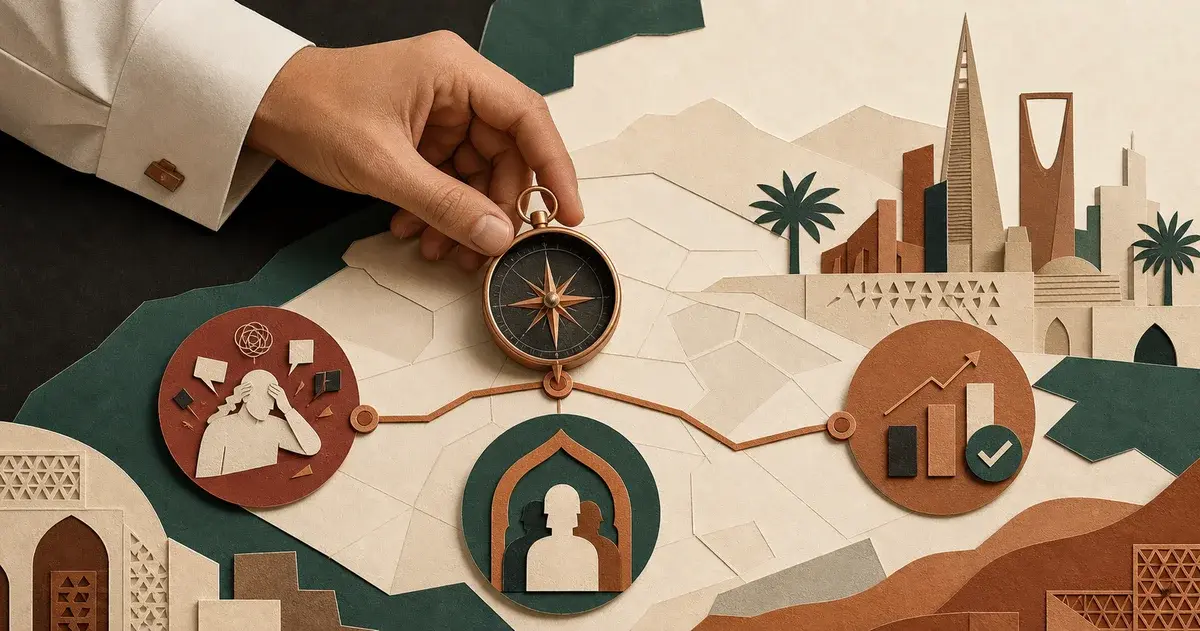 بوصلة مؤسّس توائم ألم العميل وحد الثقة والنتيجة المقاسة فوق خريطة منتج سعودية.