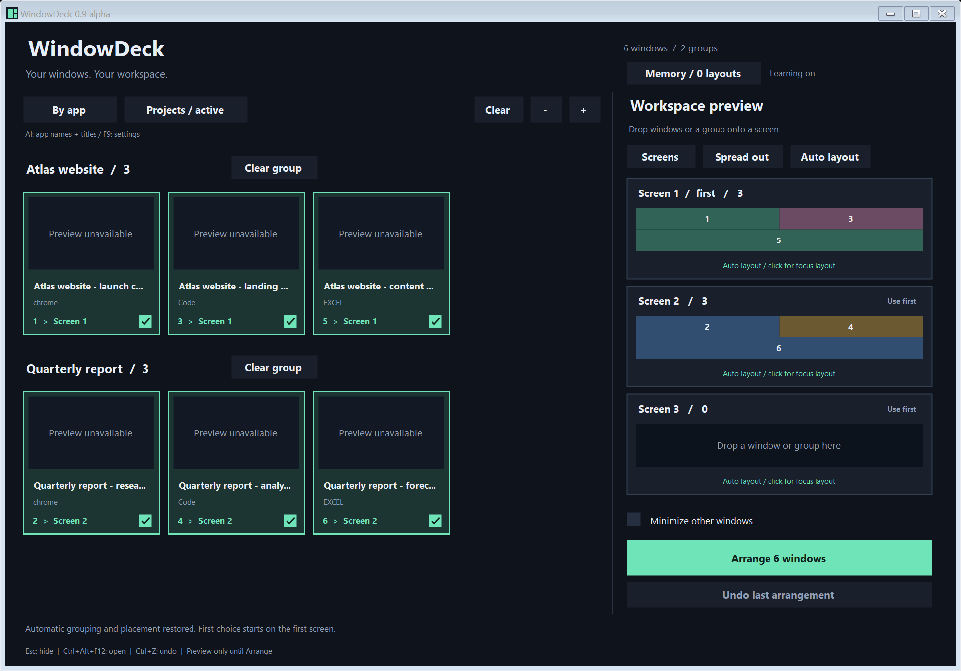 WindowDeck showing sample windows grouped into Atlas website and Quarterly report workspaces