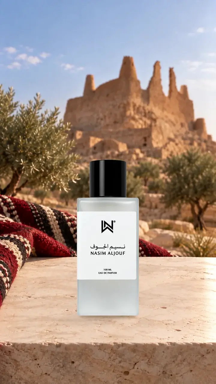 زجاجة عطر على الحجر جنب النسيج، وخلفها معالم الجوف.