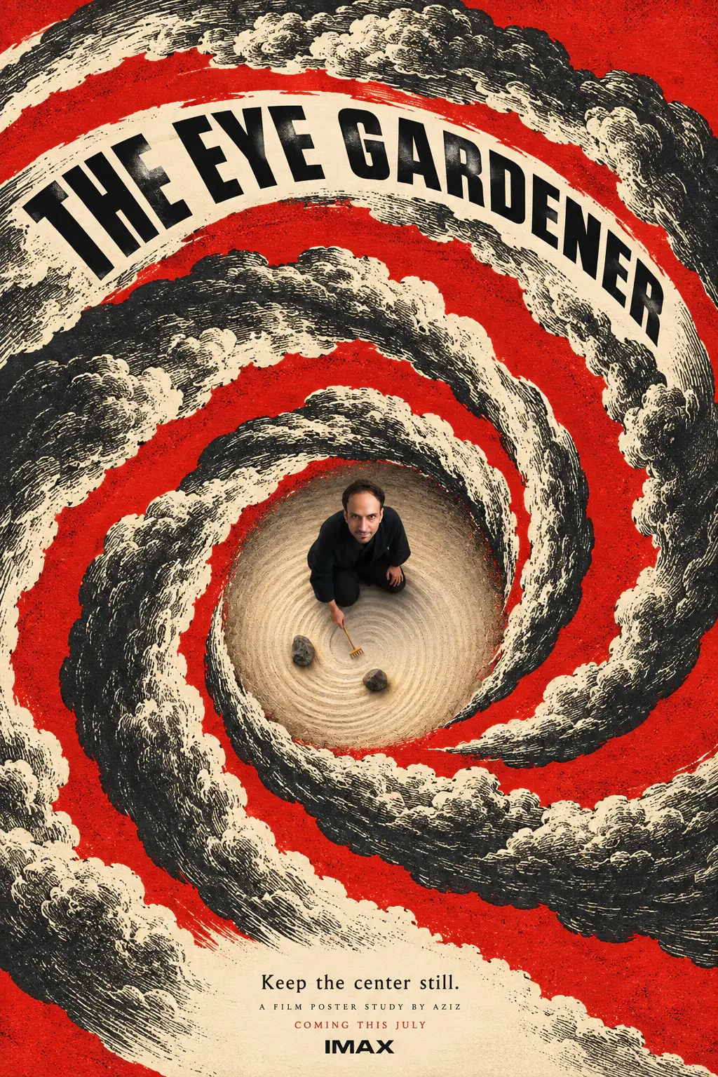 Viewed from above, a man kneels over a tiny circular sand garden at the calm center of an immense storm spiral.