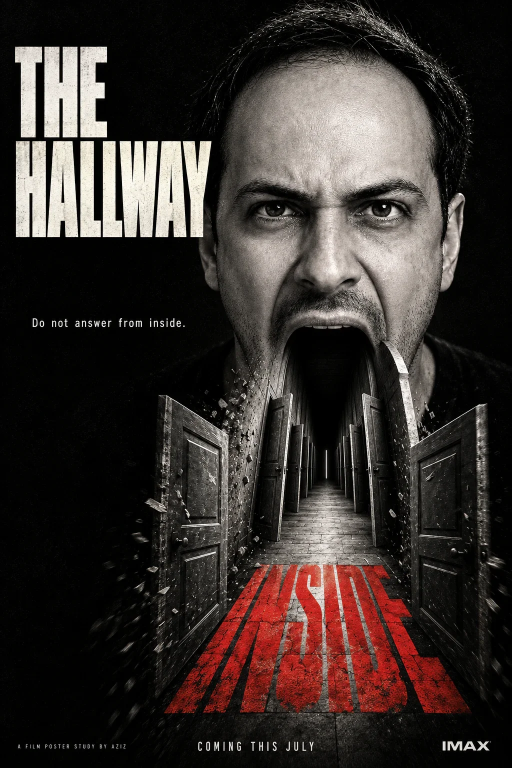 An angry man's open mouth becomes a long corridor lined with open wooden doors.