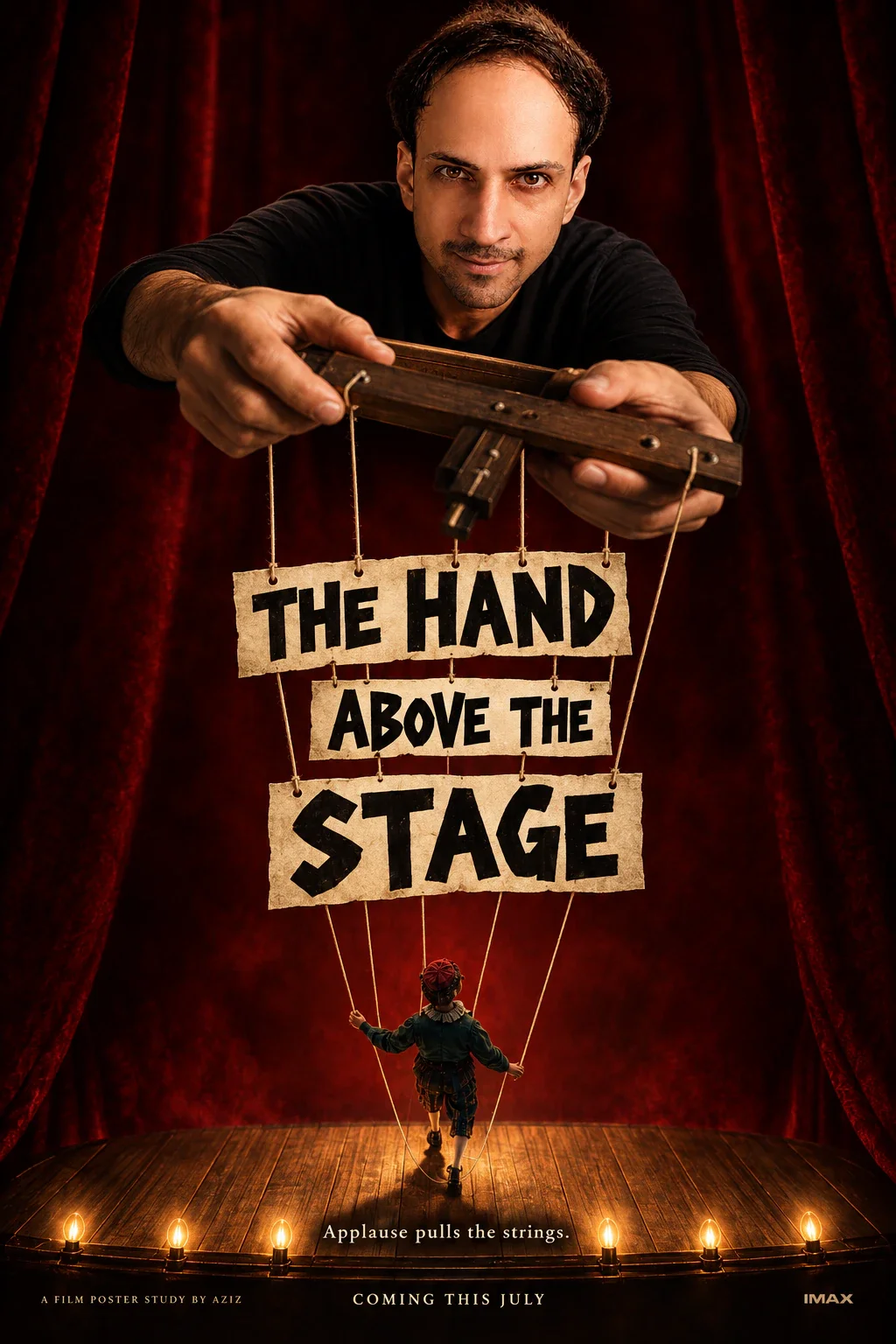 A giant close-up of a puppeteer holding a wooden control bar overlooks a miniature illuminated theater and a marionette suspended on strings.