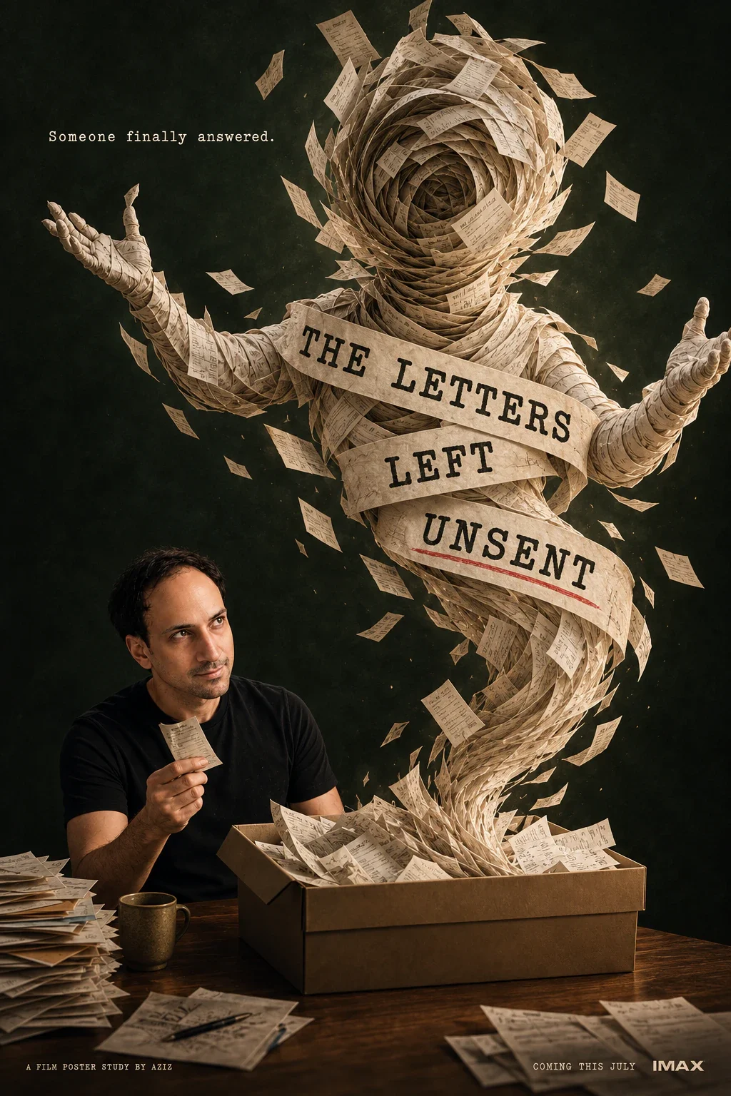 A man opens a correspondence box as a tall humanoid figure made of paper slips rises behind him.