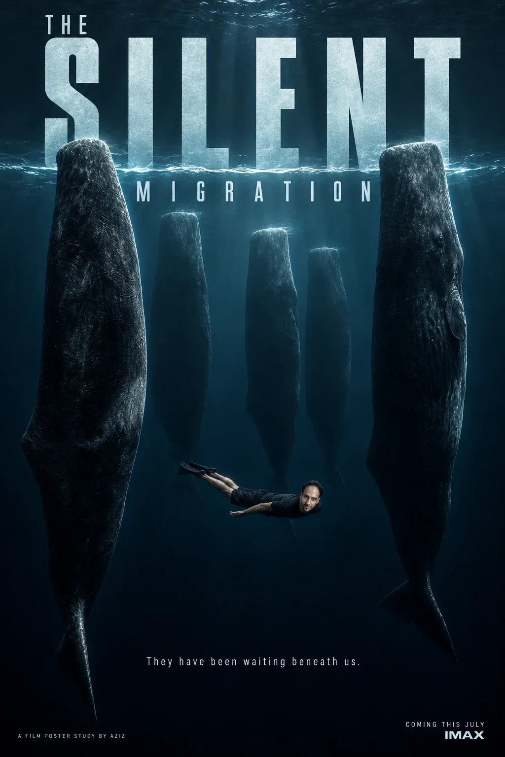A small swimmer passes between enormous upright whales in deep blue water.