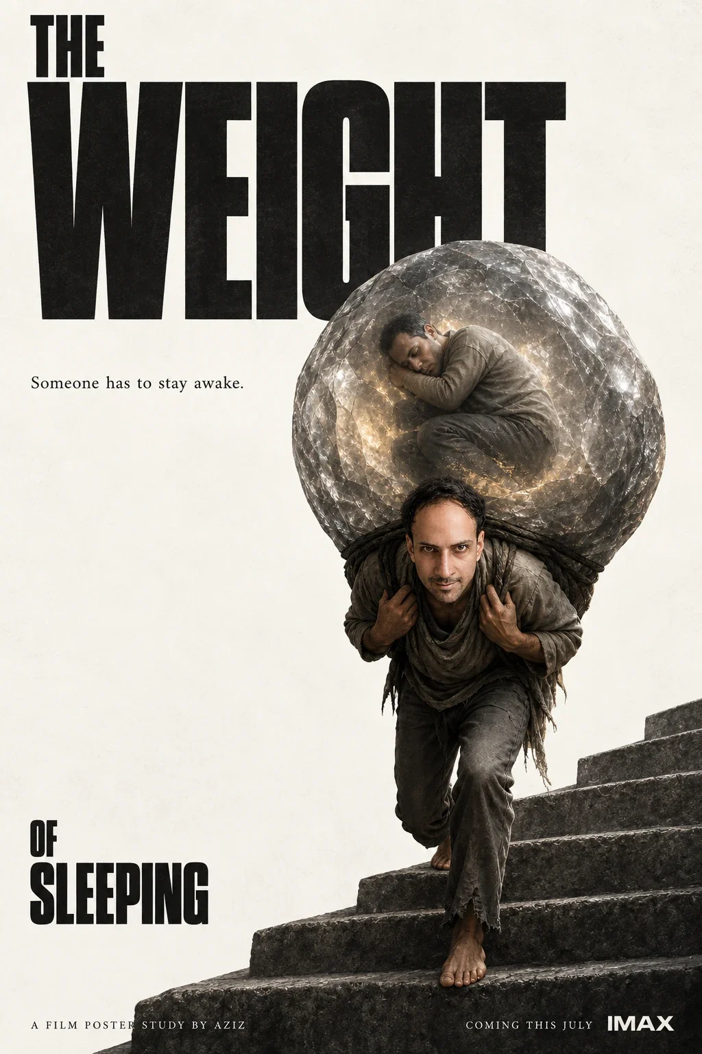 A barefoot man bears a translucent sphere containing a sleeping version of himself along a stone stairway.