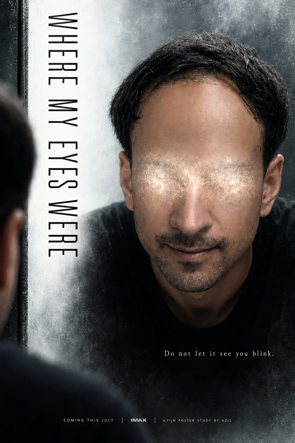 A man faces a bathroom mirror, but a shimmering pale blind spot erases the reflected eye region while the rest of his face remains visible.