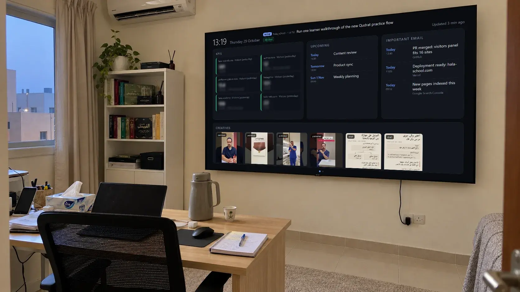 The Business page on the same kind of TV in a home office: KPIs, upcoming meetings, important email and recent creatives