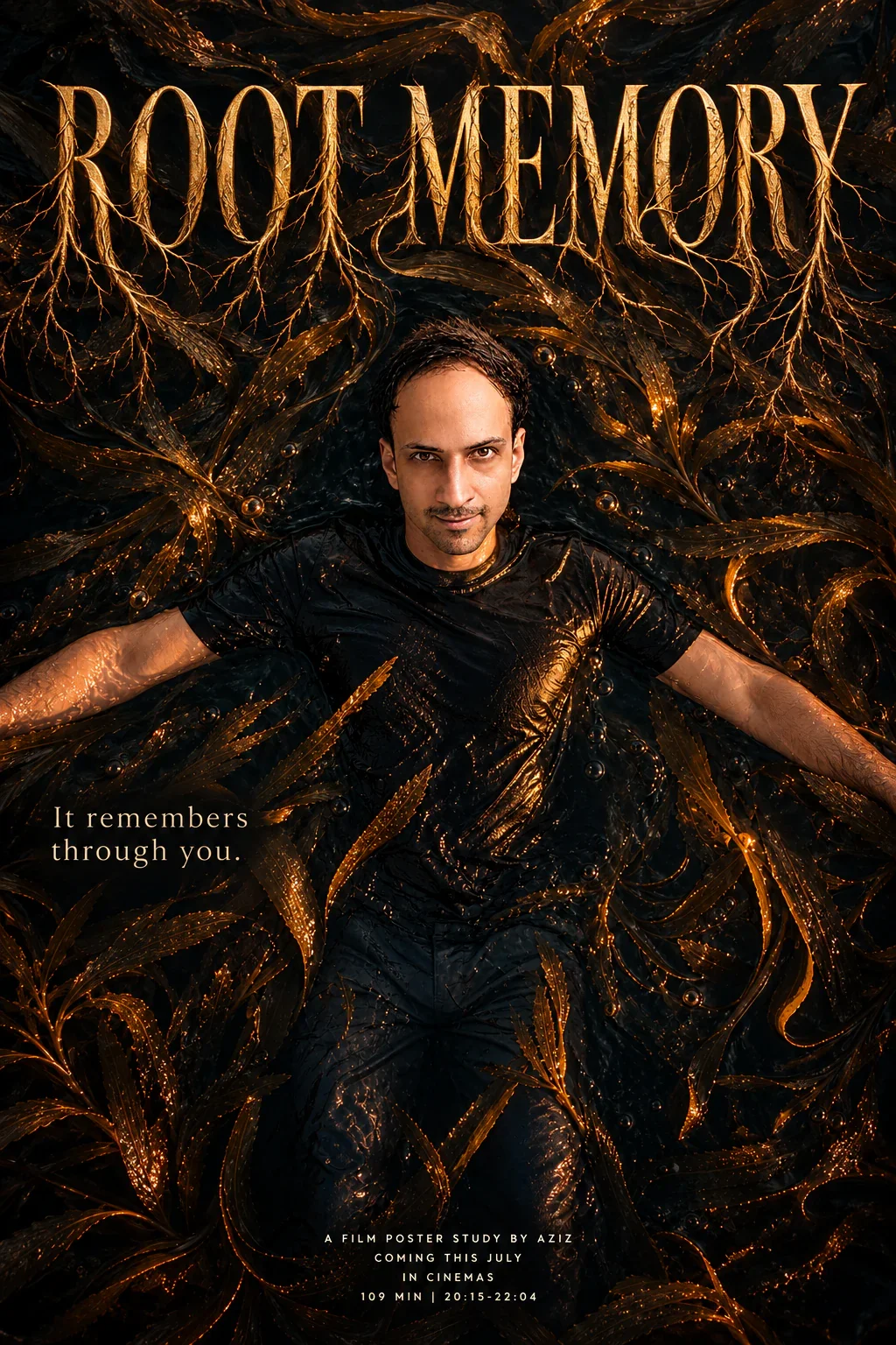 Seen from above, a wet man lies with arms spread among dense dark roots catching bronze light.