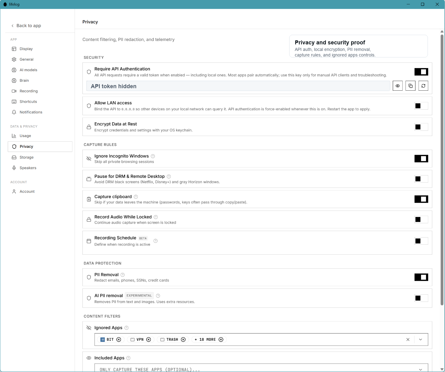 Real redacted Lifelog privacy and local mode settings screenshot.