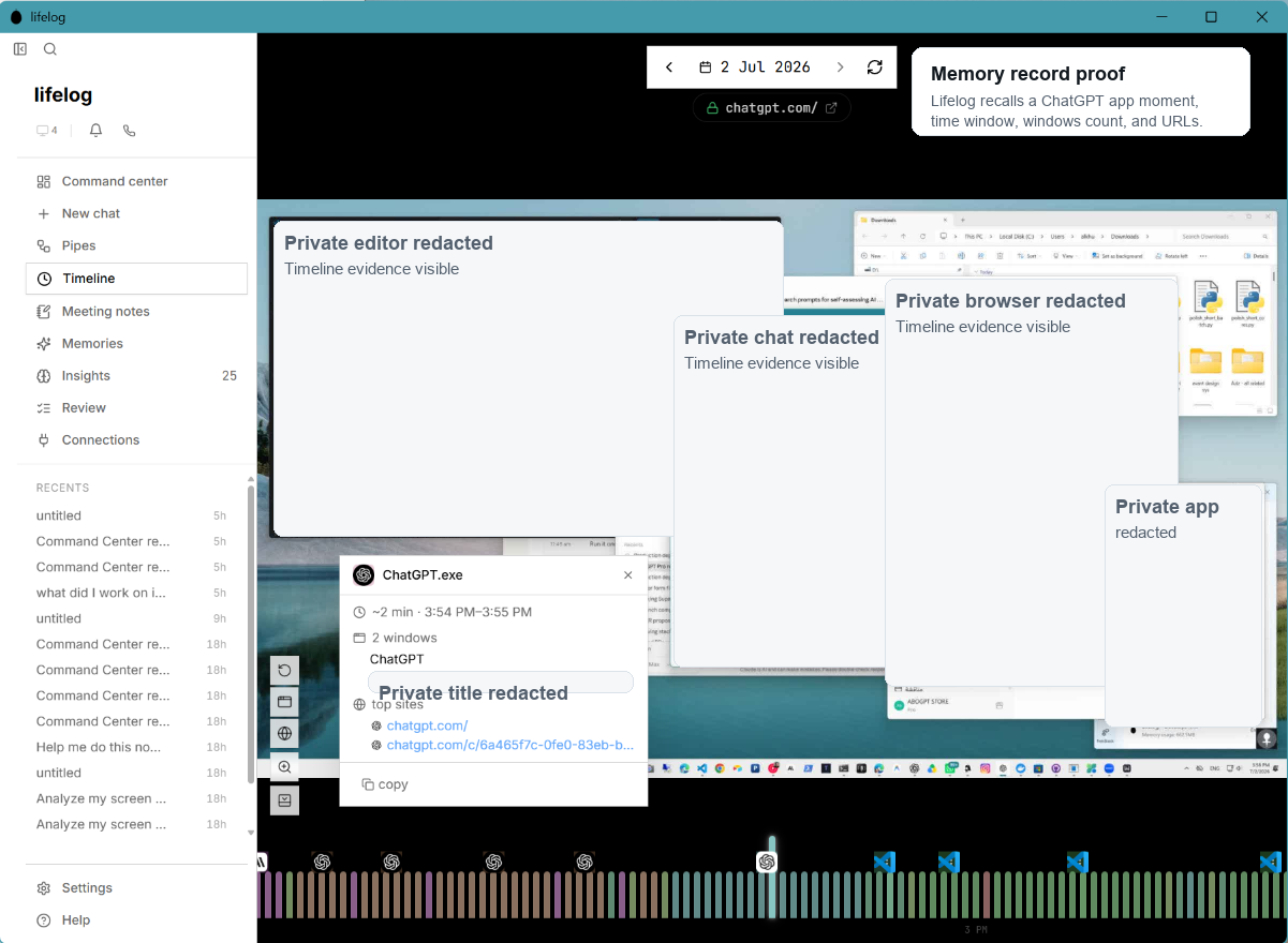 Real redacted Lifelog memory layer screenshot.